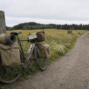 Lastad touringcykel lutad mot ett trästaket på en grusväg genom öppet landskap