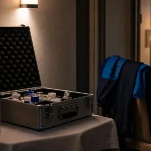 Provtagningsutrustning för dopingkontroll i ett dunkelt hotellkorridor på natten