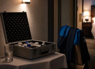 Provtagningsutrustning för dopingkontroll i ett dunkelt hotellkorridor på natten