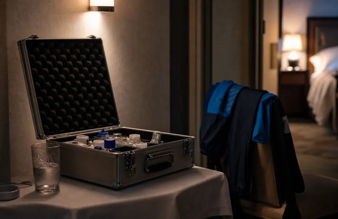 Provtagningsutrustning för dopingkontroll i ett dunkelt hotellkorridor på natten