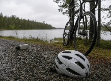 Cykelhjälm liggande vid en grusväg intill en sjö efter en cykelolycka