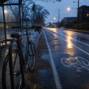 Tom cykelbana i gryningsljus med en låst cykel vid en busshållplats