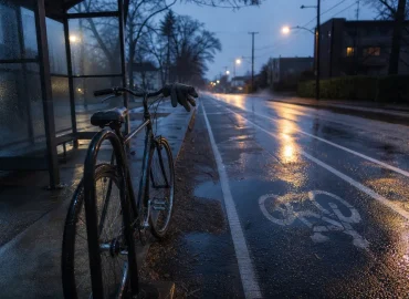 Tom cykelbana i gryningsljus med en låst cykel vid en busshållplats