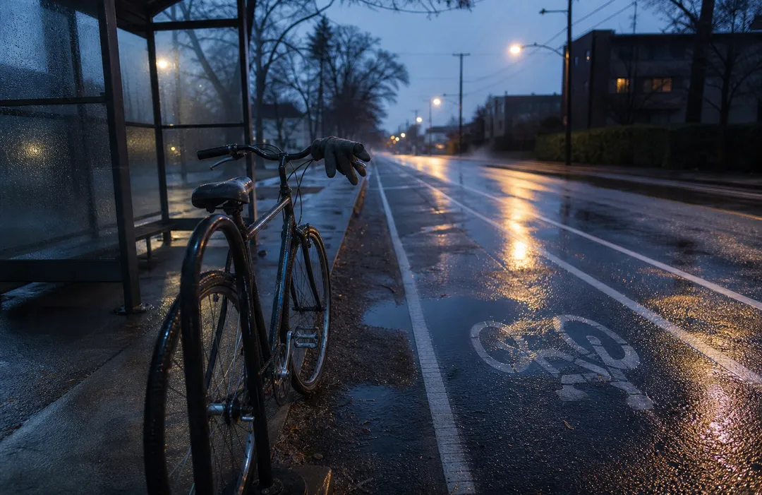 Tom cykelbana i gryningsljus med en låst cykel vid en busshållplats