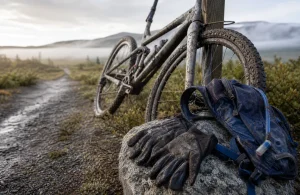 Nedsmutsad mountainbike vid vildmarksled i norra Norge efter extremlopp