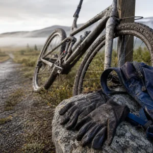 Nedsmutsad mountainbike vid vildmarksled i norra Norge efter extremlopp