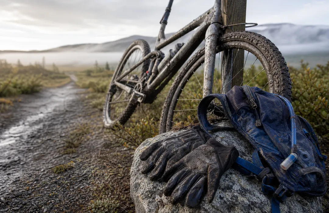 Nedsmutsad mountainbike vid vildmarksled i norra Norge efter extremlopp